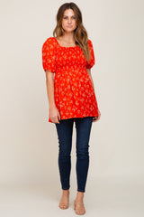 Orange Floral Smocked Square Neck Top