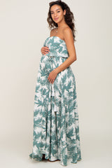 Green Leaf Print Strapless Front Tie Maternity Maxi Dress