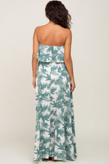 Green Leaf Print Strapless Front Tie Maternity Maxi Dress