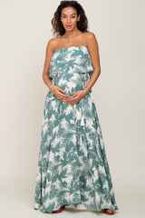 Green Leaf Print Strapless Front Tie Maternity Maxi Dress