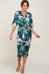 Green Printed Button Down Satin Midi Dress