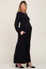 Black Long Sleeve Tiered Maternity Maxi Dress