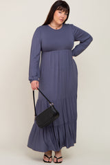 Blue Long Sleeve Tiered Plus Maxi Dress