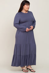 Blue Long Sleeve Tiered Plus Maxi Dress