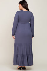 Blue Long Sleeve Tiered Plus Maxi Dress