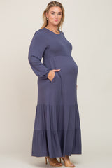 Blue Long Sleeve Tiered Maternity Plus Maxi Dress