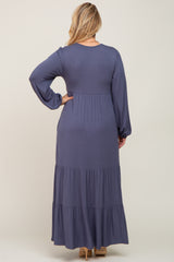 Blue Long Sleeve Tiered Maternity Plus Maxi Dress