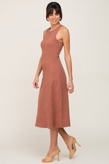 Rust Ribbed Sleeveless A-Line Midi Dress