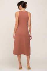 Rust Ribbed Sleeveless A-Line Midi Dress