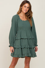 Green Smocked Ruffle Tiered Long Sleeve Maternity Dress