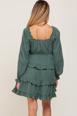 Green Smocked Ruffle Tiered Long Sleeve Maternity Dress