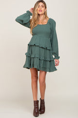 Green Smocked Ruffle Tiered Long Sleeve Maternity Dress