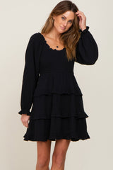 Black Smocked Ruffle Tiered Long Sleeve Dress