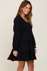 Black Smocked Ruffle Tiered Long Sleeve Dress