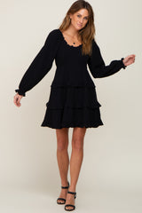 Black Smocked Ruffle Tiered Long Sleeve Dress