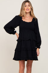 Black Smocked Ruffle Tiered Long Sleeve Maternity Dress