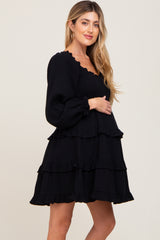 Black Smocked Ruffle Tiered Long Sleeve Maternity Dress