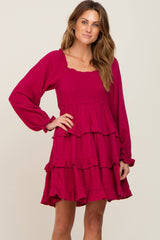 Magenta Smocked Ruffle Tiered Long Sleeve Maternity Dress