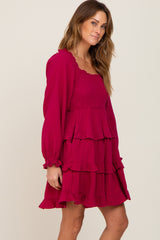 Magenta Smocked Ruffle Tiered Long Sleeve Dress