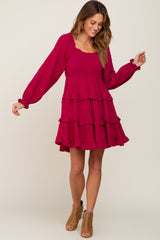 Magenta Smocked Ruffle Tiered Long Sleeve Dress