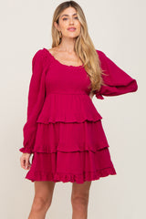 Magenta Smocked Ruffle Tiered Long Sleeve Maternity Dress