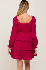 Magenta Smocked Ruffle Tiered Long Sleeve Maternity Dress