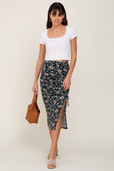 Navy Floral Ruched Slit Maternity Midi Skirt