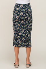 Navy Floral Ruched Slit Midi Skirt