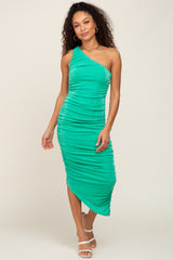 Green One Shoulder Ruched Maternity Midi Dress