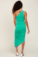 Green One Shoulder Ruched Midi Dress