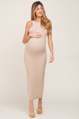 Beige Ribbed Racerfront Open Back Maternity Maxi Dress