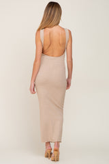 Beige Ribbed Racerfront Open Back Maternity Maxi Dress