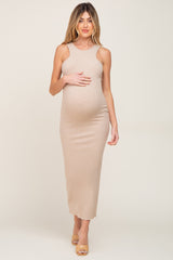 Beige Ribbed Racerfront Open Back Maternity Maxi Dress