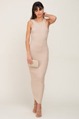 Beige Ribbed Racerfront Open Back Maxi Dress