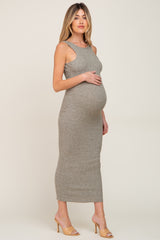 Light Olive Ribbed Racerfront Open Back Maternity Maxi Dress