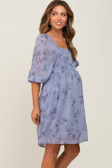 Blue Floral 3/4 Sleeve Chiffon Maternity Dress