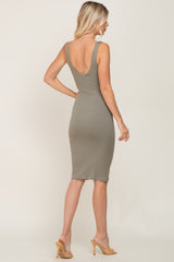 Light Olive Ribbed Scoop Neck Fitted Dress