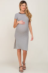 White Striped Side Slit Fitted Maternity Midi Dress