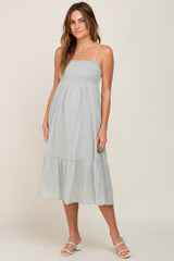 Light Olive Smocked Sleeveless Linen Maternity Midi Dress