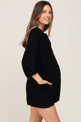 Black Linen Button Front Maternity Romper