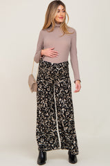 Black Leaf Print Smocked Wide Leg Maternity Pants