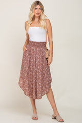 Mauve Floral Smocked Waist Midi Skirt