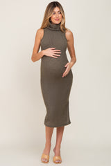 Olive Sleeveless Ribbed Brush Knit Cowl Neck Maternity Midi Dress