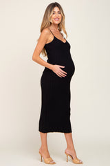 Black Ribbed Sleeveless Maternity Midi Dress