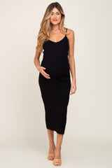 Black Ribbed Sleeveless Maternity Midi Dress