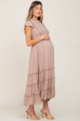 Mocha Smocked Ruffle Accent Tiered Maternity Maxi Dress