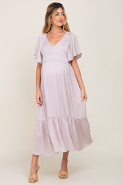 Grey Lavender Satin Smocked Maternity Midi Dress