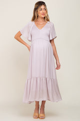 Grey Lavender Satin Smocked Maternity Midi Dress