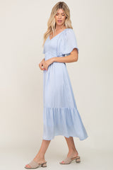 Light Blue Satin Smocked Midi Dress