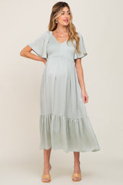 Mint Green Satin Smocked Maternity Midi Dress